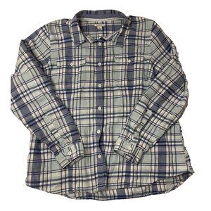 LL Bean Women's Sz Large Long Sleeve Flannel Button Up Shirt Plaid Green Blue